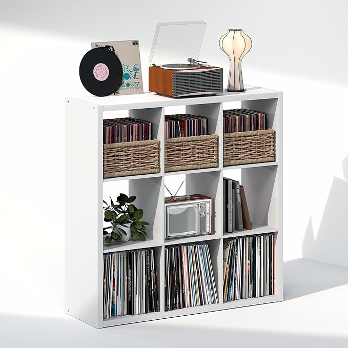 Furinno Cubicle Record Player Stand with Vinyl Storage, 9-Cube 1.2 Extra Thick Vinyl Record Storage, Open Back Media Shelf for CD DVD Blueray Game Disc, for Living Room, Home Office, White