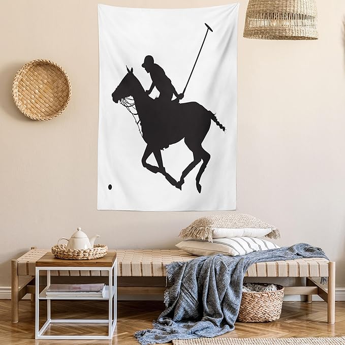 Ambesonne Sports Tapestry, Silhouette Illustration of Polo Player on a Horse Hitting a Ball Print, Fabric Wall Hanging Decor for Bedroom Living Room Dorm, 23" X 28", Charcoal Grey