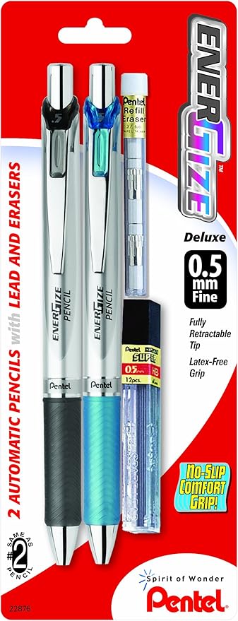 Pentel EnerGize Automatic Pencil with Lead and Erasers, 0.5mm, Assorted, 2 Pack (PL75LEBP2)