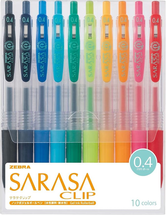 Zebra Sarasa Clip Gel Ink Ballpoint Pen, 0.4mm, 10 Color Set (JJS15-10CA)