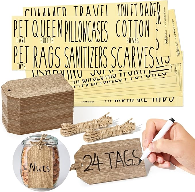 Talented Kitchen Wooden Hanging Basket Tags - Rustic Hanging Jar Labels with Strings - Tie-On Labels for Baskets in Kitchen - Wood Grain Tags for Bins - Natural Wood, Pack of 24, 4.33"x 2.5"