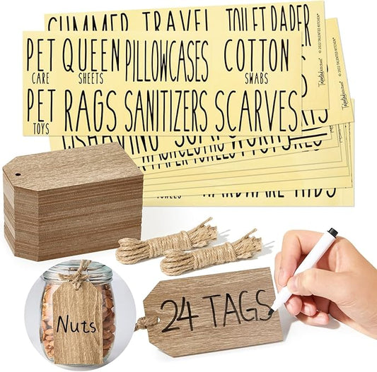 Talented Kitchen Wooden Hanging Basket Tags - Rustic Hanging Jar Labels with Strings - Tie-On Labels for Baskets in Kitchen - Wood Grain Tags for Bins - Natural Wood, Pack of 24, 4.33"x 2.5"
