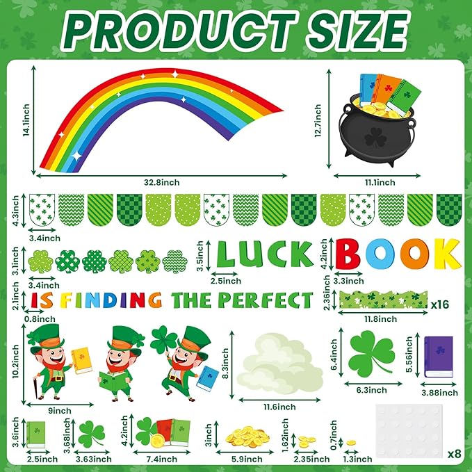 78Pcs St. Patrick's Day Reading Bulletin Board Decorations Spring Lucky Shamrock Paper Cutouts Bulletin Border Set Saint Patrick Day Green Clover Supplies for Irish School Chalkboard Wall Decorations
