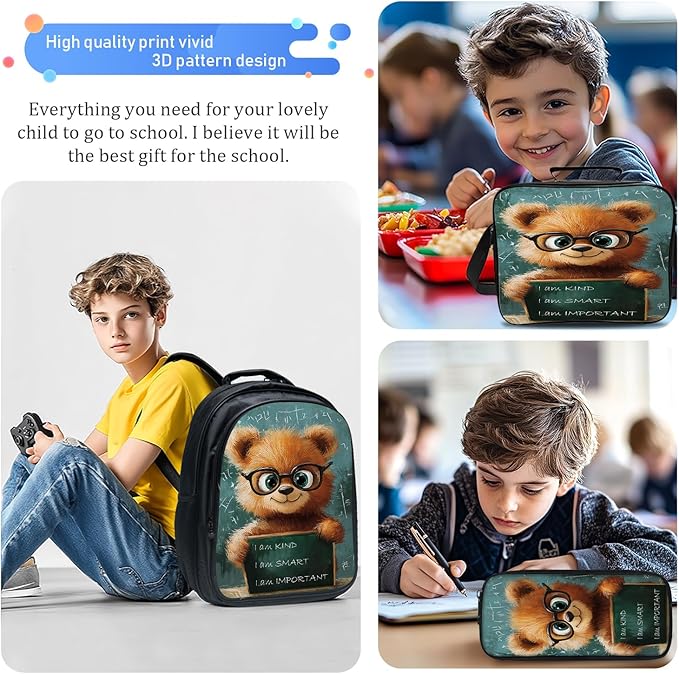 Funny Bear Backpack Set 3 Piece School Bags and Lunch Box with Pencil Case Cute Brown Bear Bookbag Set for Toddler Kids Girls Boys Teens Kindergarten Elementary Middle