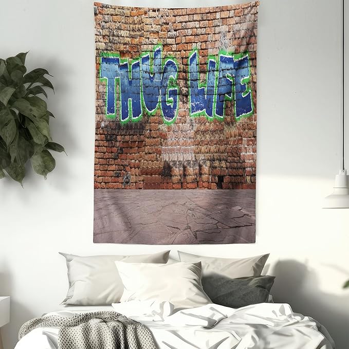 Ambesonne Thug Life Tapestry Twin Size, Graffiti Style Words on a Brick Wall Street Urban Art Hip Hop Rap Culture Theme, Wall Hanging Bedspread Bed Cover Wall Decor, 68" X 88", Brown Blue