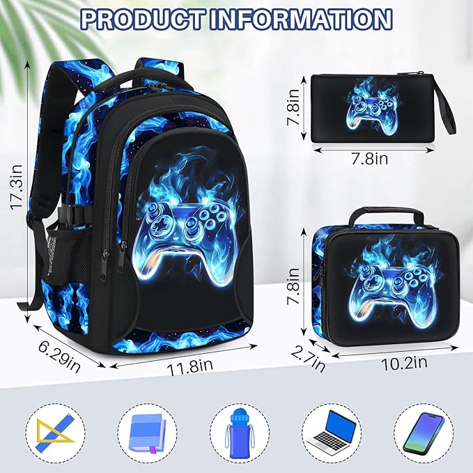 School Backpacks for Boys - 4pcs Gamer Boys Backpacks with Lunch Box Set for Kids Teens Elementary Middle School, 17″ Large Capacity Students Bookbag, Perfect for Travel
