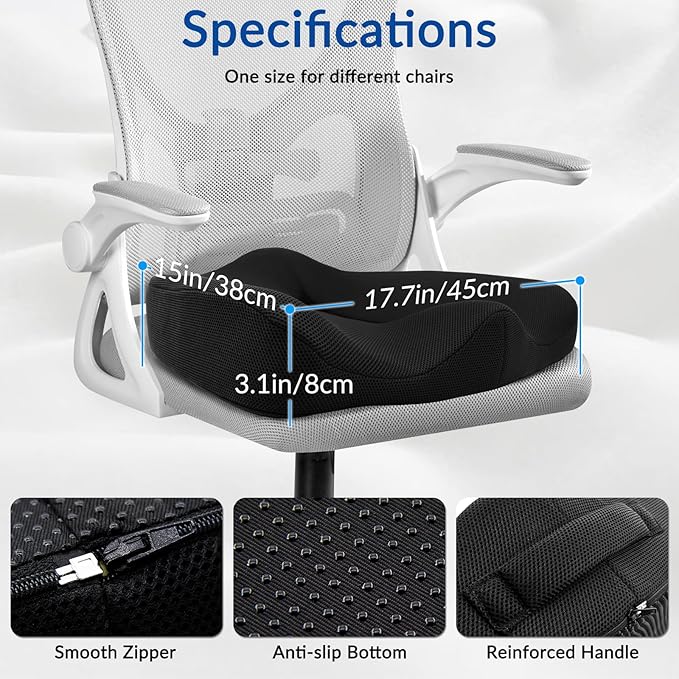 Ergonomic Memory Foam Seat Cushion for Office Chair, Extra Large Pad with U-Shaped Design for Pressure Relief, Coccyx Sciatica & Back Pain Relief, for Home, Car Long Sitting (Black/Gray)