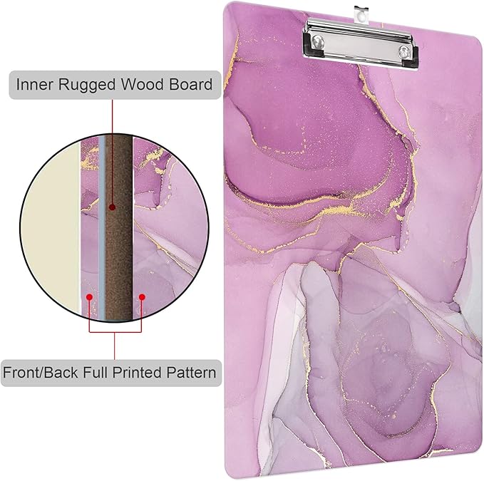 Fashion Clipboard, A4 Letter Size Wooden Decorative Clipboards for Teacher, Nurse, Doctor,Student and Kids, Cute Design for Standard Size 12.2" x 8.9"(C-Marble Purple Golden)