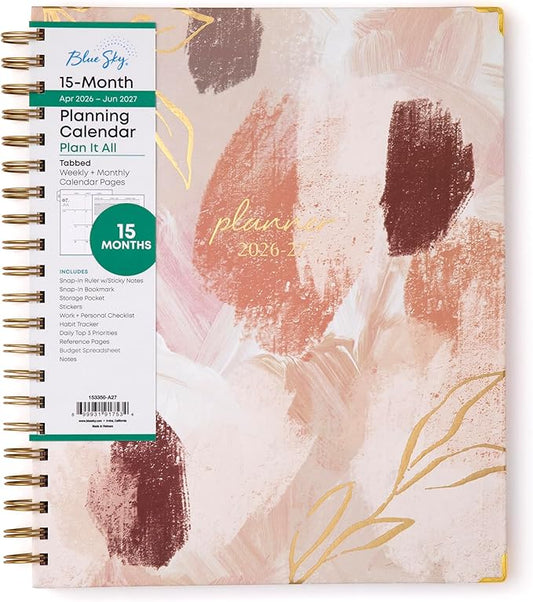 Blue Sky 15 Month 2026-2027 Weekly and Monthly Academic Year Planner Calendar, April 2026 - June 2027, 8.5" x 11", Hard Cover, Wirebound, Laminated Tabs, Storage Pocket, Includes Snap-in Ruler w/Sticky Notes & Sticker Sheet, Henri