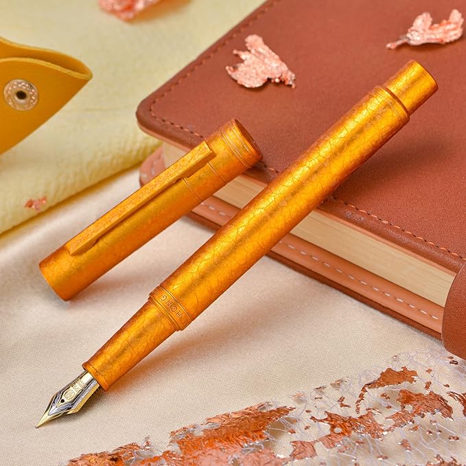 Hongdian 1851 Forest Fountain Pen Golden Ice Flowers, Bent Nib Classic Design with Converter and Metal Pen Case
