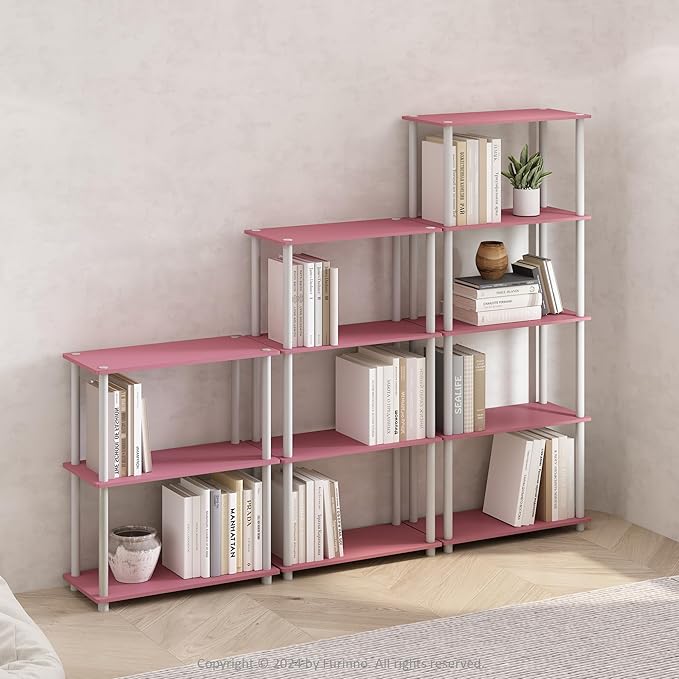 Furinno Turn-N-Tube Book Shelf, 5-Tier Bookshelf, Bookcase with Multipurpose Compact Display Rack, 11.6 x 23.6 x 57.4, for Living Room, Bedroom, Home Office, Pink/White