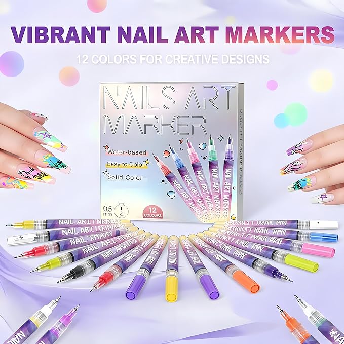 12 Colors Nails Art Pens Set,Nails Art Markers for Gel Nails,Fine Tip Nails Art Pen 0.5mm,Drawing Painting Liner Brush for DIY Nails Art Drawing Painting Tools (B-2 Sets)