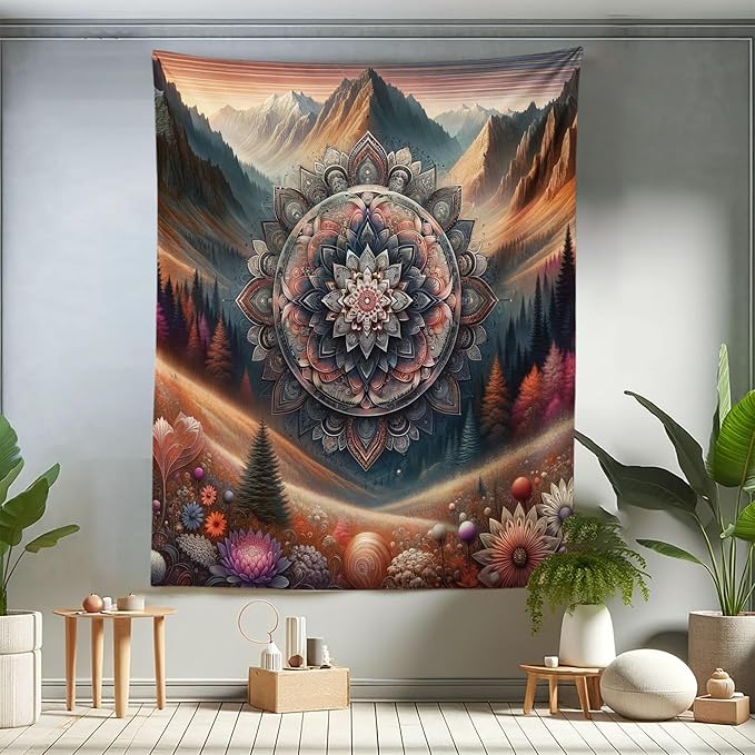 Ambesonne Hippie Tapestry Twin Size, Modern Scandi Blooming Trippy Flower with Mountain Landscape Woodland, Wall Hanging Bedspread Bed Cover Wall Decor, 68" X 88", Pale Vermilion Cadet Blue
