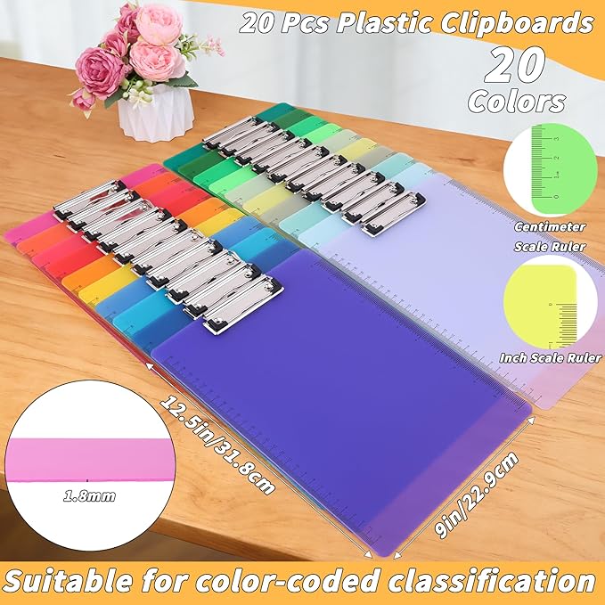 20 Pcs Plastic Clipboards Bulk with Scale Lines 20 Assorted Colors Clear Colored Clip Board 12.5 x 9 in Standard A4 Letter Size Low Profile Clipboard Portable for Classroom Office Supplies Students
