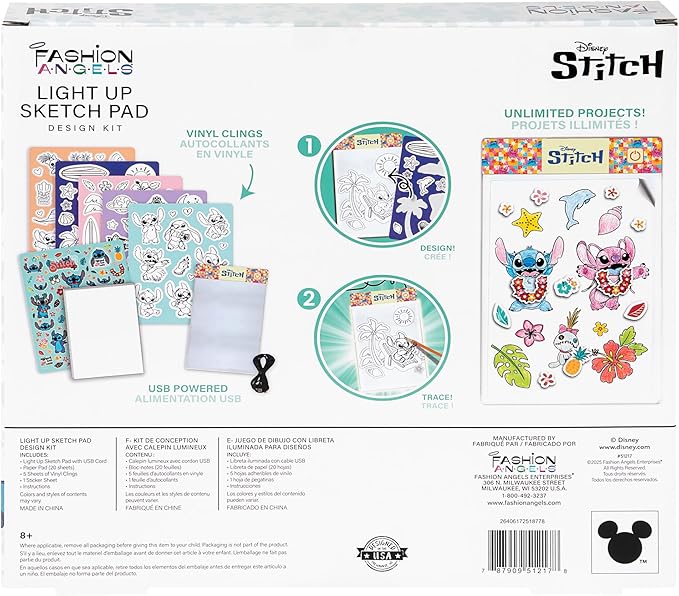 Fashion Angels Disney Stitch Beach Scenes Light Up Sketchpad, Design Kit with Illuminated Tracing Pad, 5 Reusable Vinyl Clings & More, for Kids Ages 8+