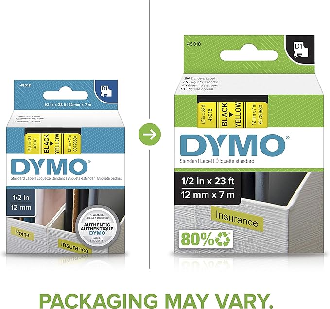 DYMO Standard D1 43610 Labeling Tape (Black Print on Clear Tape, 1/4'' W x 23' L, 1 Cartridge), DYMO Authentic