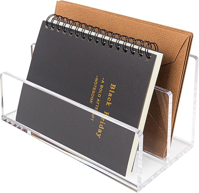 Acrylic Mail Organizer File Sorters for Desk,2-Section Laddered Desktop Vertical Letter Holder,Desk Organizer Workspace Organizer