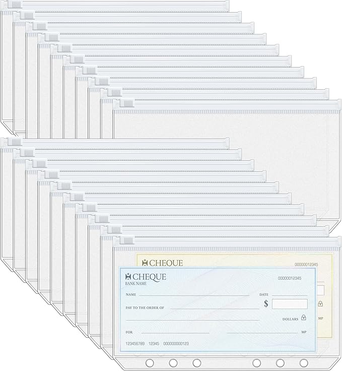Antner 20pcs A6 Binder Pockets 6-Hole Budget Binder Inserts Cash Stuffing Envelopes for Budgeting, White Zipper Pouch Folders Loose Leaf Filling Bags Money Organizer for A6 6-Ring Planners and Binders