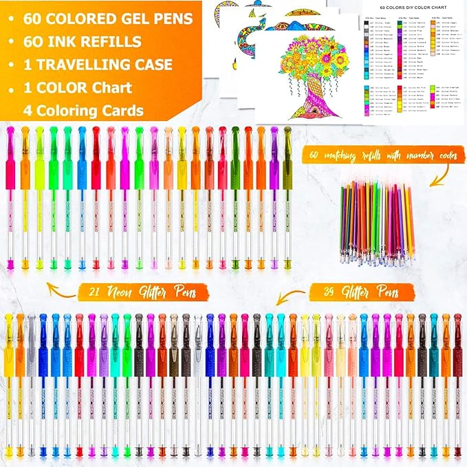 Soucolor Glitter Gel Pens for Adult Coloring Books, School Art Class Supplies,120 Pack-60 Glitter Pens, 60 Refills and Travel Case, 40% More Ink Markers Set for Drawing Doodle Journaling Planner Craft