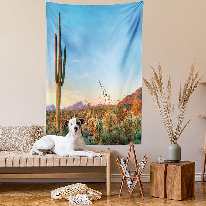 Ambesonne Saguaro Tapestry, Sun Goes down in Desert Prickly Pear Cactus Southwest Texas National Park, Fabric Wall Hanging Decor for Bedroom Living Room Dorm, 30" X 45", Orange and Blue