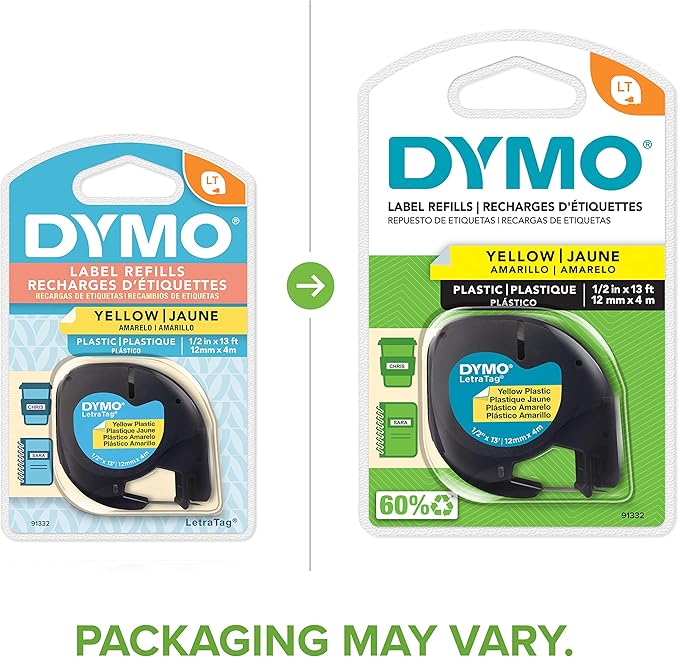 DYMO LetraTag Labeling Tape for LetraTag Label Makers, Black Print on Yellow Tape, 1/2'' W x 13' L, 1 roll (91332)