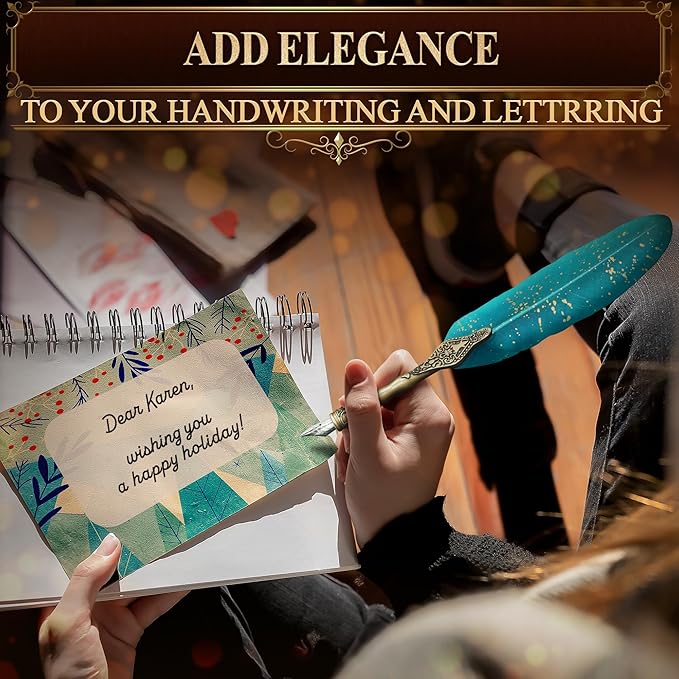 Turquoise Feather Quill Pen and Ink Set – Stainless Steel Dip Pen with 5 Nibs, Non-Slip Grip, Stand & Gift Box – Vintage Quill and Ink Set for Signing, Writing Calligraphy Kit, Elegant Writer Gift