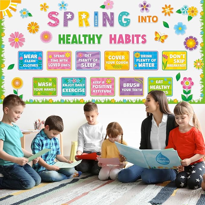 Ctosree 60 Pcs Spring Healthy Bulletin Board Decorations Set Habits Poster Colorful Flower Butterfly Plants Cutouts for Teacher Classroom School Office Chalkboard Wall Supply