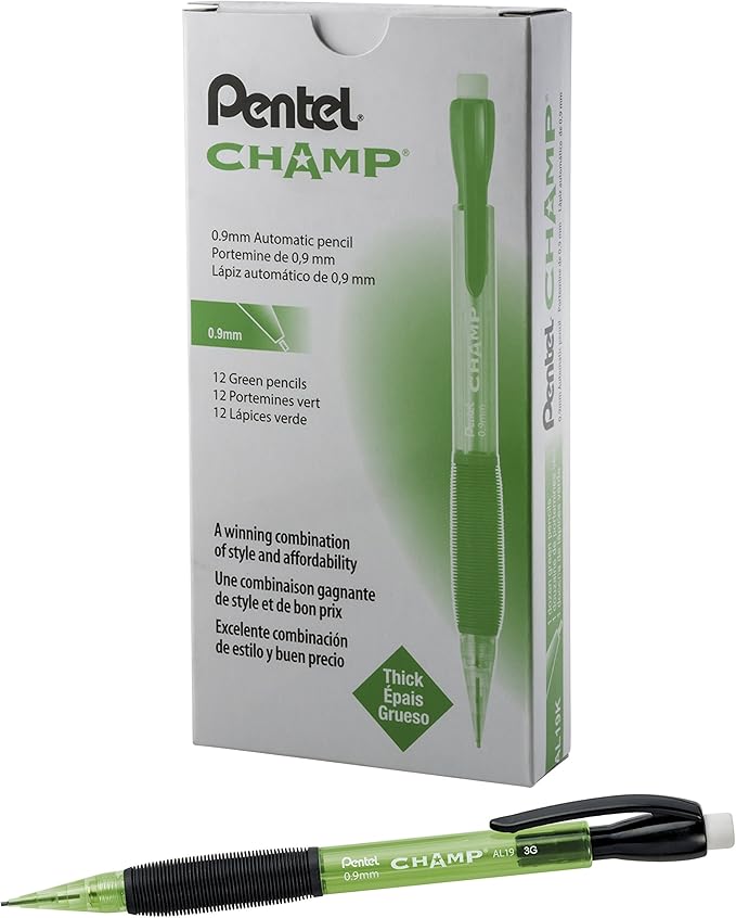 Pentel CHAMP Mechanical Pencil, (0.9mm), Tinted Lime Green Barrel, Box of 12 (AL19K)