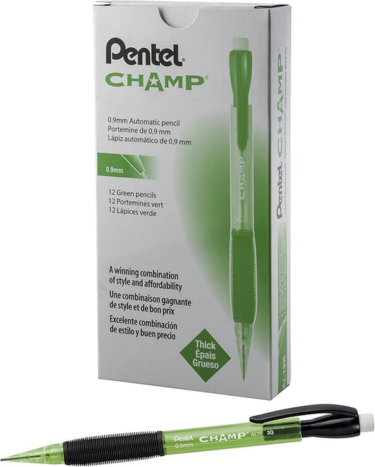 Pentel CHAMP Mechanical Pencil, (0.9mm), Tinted Lime Green Barrel, Box of 12 (AL19K)