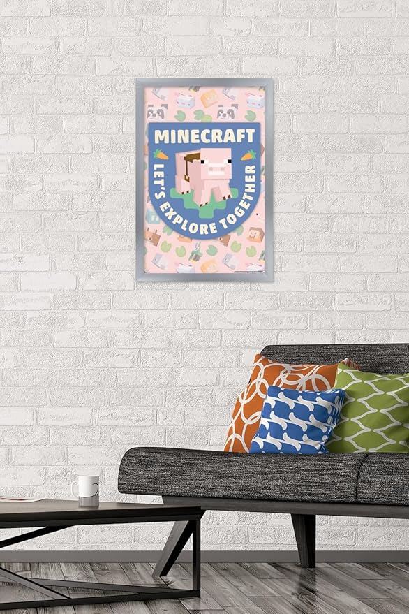 Trends International Minecraft - Let's Explore Together Wall Poster, 22.4L x 14.7W, Silver Framed Version