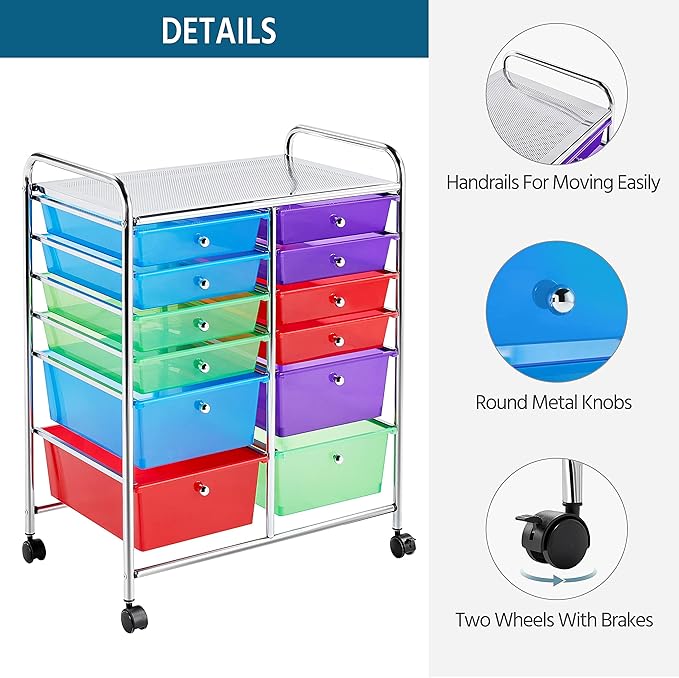 Yaheetech 12 Drawers Rolling Storage Cart Multipurpose Movable Organizer Cart Tools Scrapbook Paper Organizer on Wheels, Multicolor