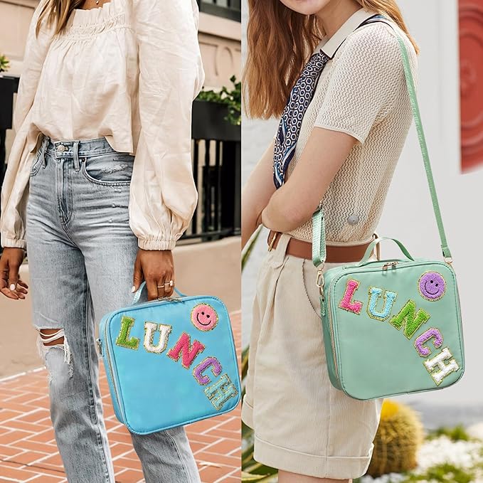 Insulated Lunch Bag Women Lunch Box Kids for Teen Girls Boys, Cute Preppy Lunch Boxes With Adjustable Shoulder Strap, Waterproof Nylon Lunchbox Lunch Bags for School Work Picnic (Blue)