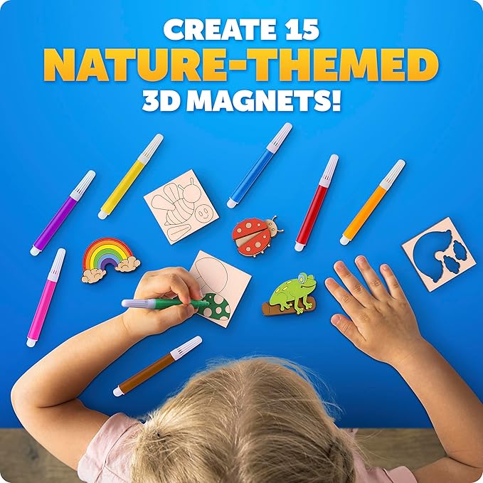 Blue Marble Wooden Magnet Craft Kit - Create & Paint 15 Nature-Themed Magnets with 8 Watercolor Pens, Magnet Art Kit, DIY Magnets for Kids, Magnet Arts and Crafts, Magnet Painting Kit for Kids