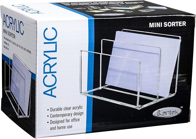 Kantek Clear Acrylic Mini File Sorter, 2 Section File Holder, 6" x 3.8" x 3.9", Desk Organizer, Non-Skid Feet, Desk Accessory