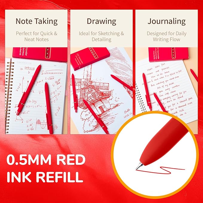 Red Pens, 6 Pcs Red Ink Pens Fine Point Smooth Writing Pens, 0.5mm Colored Ink Gel Pens for Journaling Note Taking, School Supplies Gifts for Women (6 Pcs Gold Red - Red Ink)