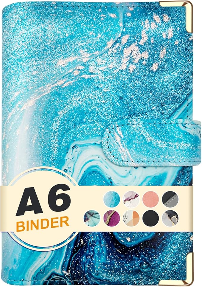 A6 Refillable 6 Ring Faux Leather Budget Binder,Mini Notebook Binder Cover for A6 Filler Paper,Loose Leaf Personal Planner Cover with Magnetic Buckle Closure (Marble Blue)