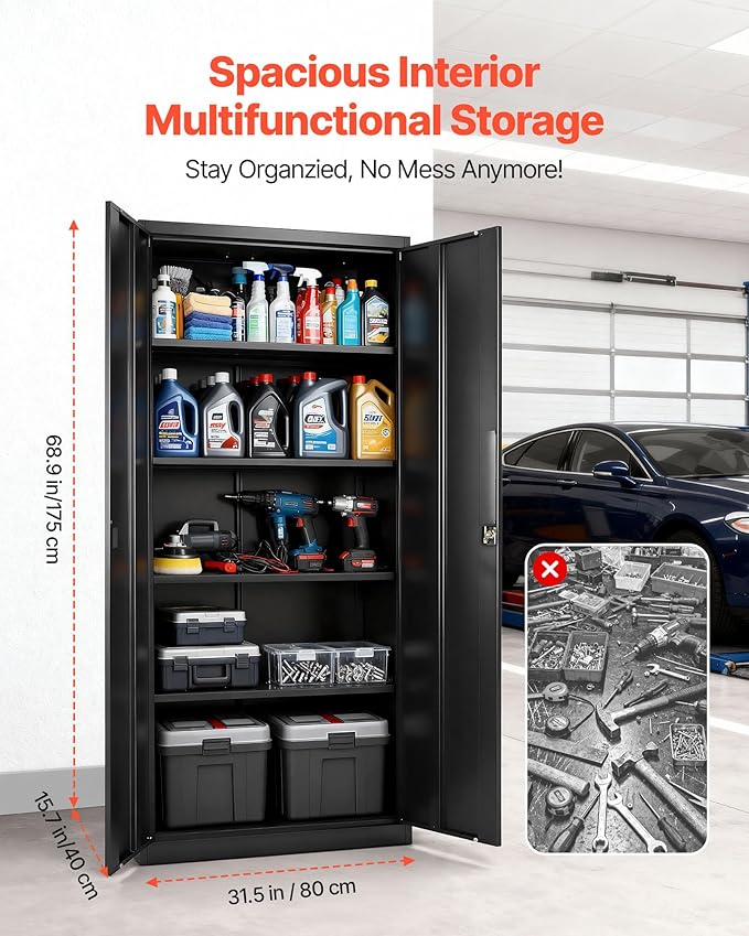 VEVOR Metal Storage Cabinet, Steel Garage Cabinet with Lockable Magnetic Doors and Adjustable Shelves, 2 Keys, 5-Tiers Tall Tool Cabinet Locker for Home, Office, Pantry, Warehouse, Laundry, Black