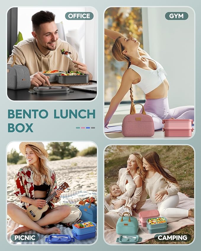 Adults Bento Lunch Box Set with Thermo Bag, 74oz Stackable Leak-proof 3-tiers Bento Box, Built-in Utensil and Sauce Container for Work, School, Dining Out (Green)