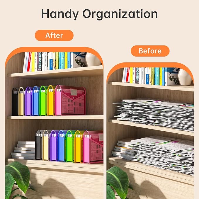 7 Pack Plastic Expanding File Folder, Transparent envelopes with Snap Closure,No Dividers,Large Capacity,Assorted Colors,Bills&Taxes,Letter/A4 Size for School/Office/Home