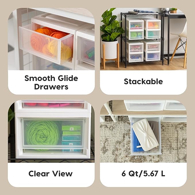 IRIS USA 6 Qt. Plastic Drawer Storage Organizer Stacking Drawers, 4-Pack, Stackable Unit with Sliding Drawer for Clothes Bedroom Kitchen Under Sink Pantry Craft Room Bathroom Dorm Office, White