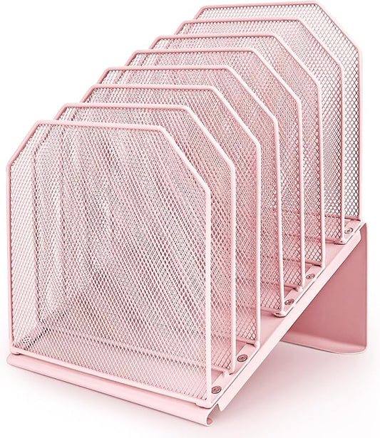 Inclined File Organizer for Desk, 7-Tier Vertical File Folder Holder Office Desk Organizer Metal Rack File Wire Mesh Desktop Document Sorter for Office School Classroom Home (Pink)