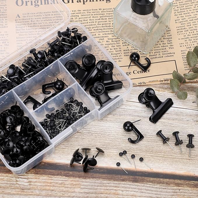 310 Pcs Push Pins Set, Black Thumb Tacks Decorative Push Pins for Cork Board with Push Pin Hook Pushpin Clip 5 Style Office Accessories for Cork Board Map Office (Black)
