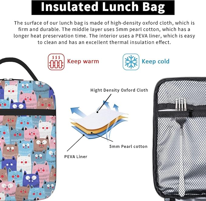 Cute Colorful Cats Insulated Lunch Bag,Kids Lunch Box For Girls Boys Teen,Kid Lunch Box Containers Cooler Bag With Front Pocket For Women Men,Reusable Lunch Tote Bag Lunchbox For School/Work/Picnic