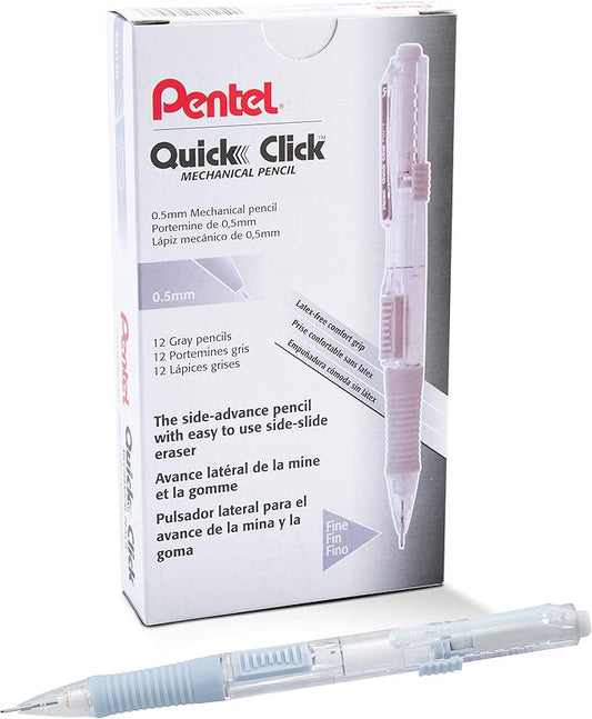 Pentel Quick Click Mechanical Pencil, (0.5mm), Fine, Gray Barrel, Box of 12 Pencils (PD215N)