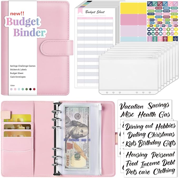 Sooez Budget Binder with Money Saving Challenge, Money Saving Binder with Cash Envelopes, Expense Sheets, Challenge Tracker & Category Labels, Envelope Savings Challenges Book for Home Office School