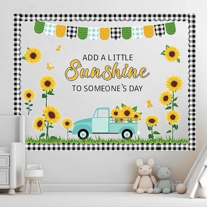 ZOIIWA Spring Sunflower Bulletin Board Decorations Summer Sunflower Truck Classroom Bulletin Board Black Plaid Borders Yellow Sunflower Cutouts Back to School Teacher Supplies School Office Wall Decor