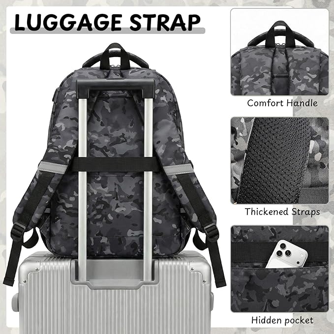 Kids Backpack for Boys - Camo Boys Backpacks for Kids Teens Elementary Middle School, 18″ Camouflag Students Bookbag with Usb Charging Port & Key-chain, Perfect for Travel and School