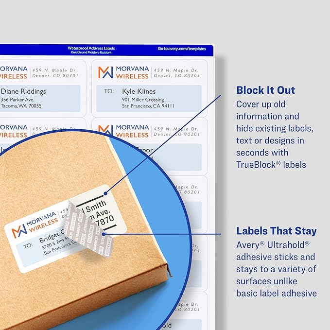 Avery Waterproof Labels with Ultrahold Permanent Adhesive, 2" x 4", Laser, 2-Pack, 1,000 Labels Total (25523)