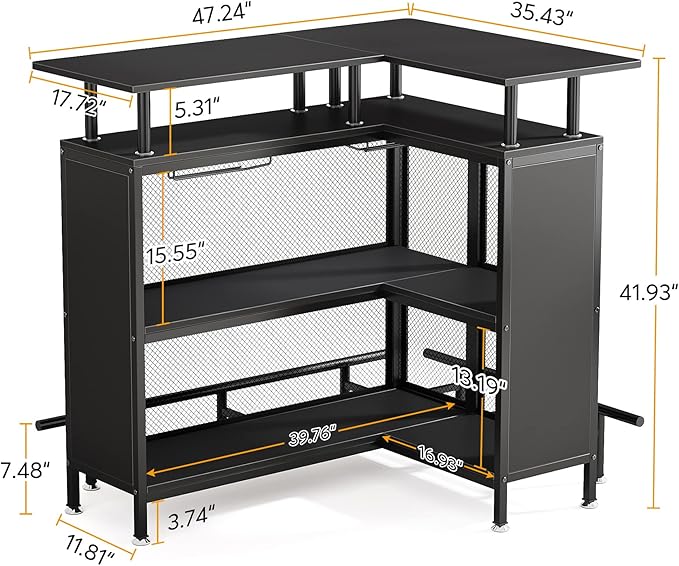 Tribesigns Home Bar Unit, L-Shaped Bar Table with Stemware Racks and 2-Tier Shelves, Corner Mini Coffee Liquor Cabinet with Footrest for Home/Kitchen/Pub, Black
