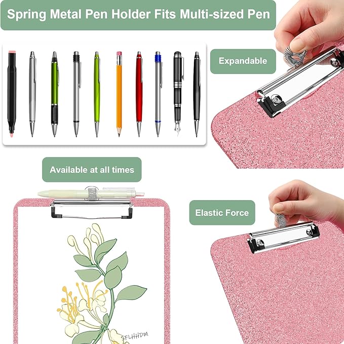 1 Pcs Clear Glitter Clipboards, Plastic Clipboard with Pen Holder, Size 8.85 x 12.4 in Shiny Clipboards with Low Profile Clip, Cute Hanging Clipboard for Office School Supplies Sparkly Clip board-Pink
